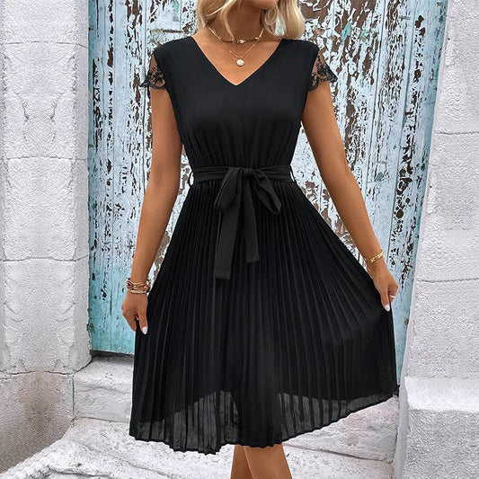 V-neck Lace Pleated Midi Dress With Belt
