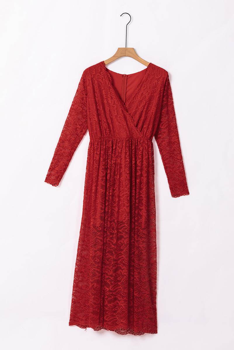 Long Sleeve V Neck Lace Maxi Dress With Split