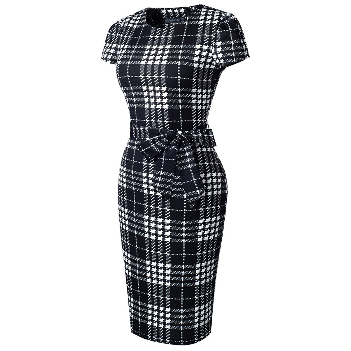 Round Neck Short Sleeve Plaid Tube Dress with Belt