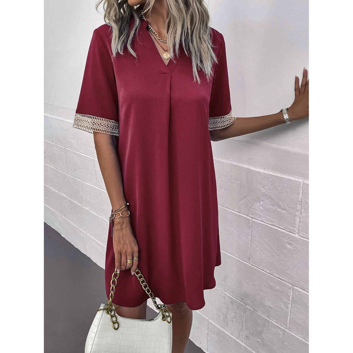 Burgundy V-Neck Embroidery Sleeve Mini Dress