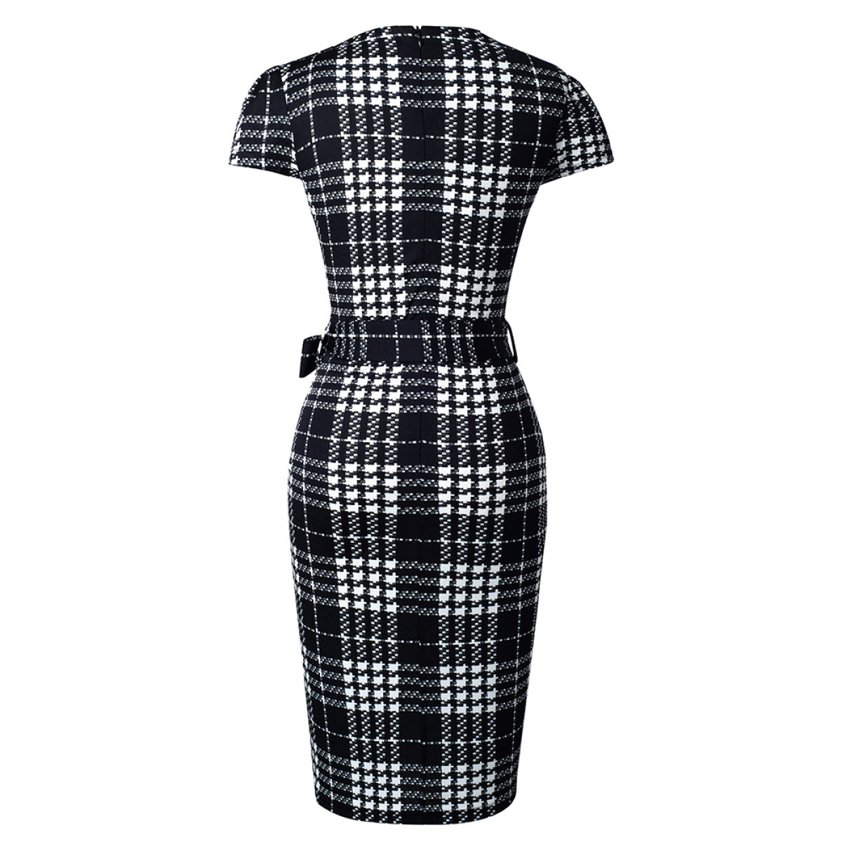 Round Neck Short Sleeve Plaid Tube Dress with Belt