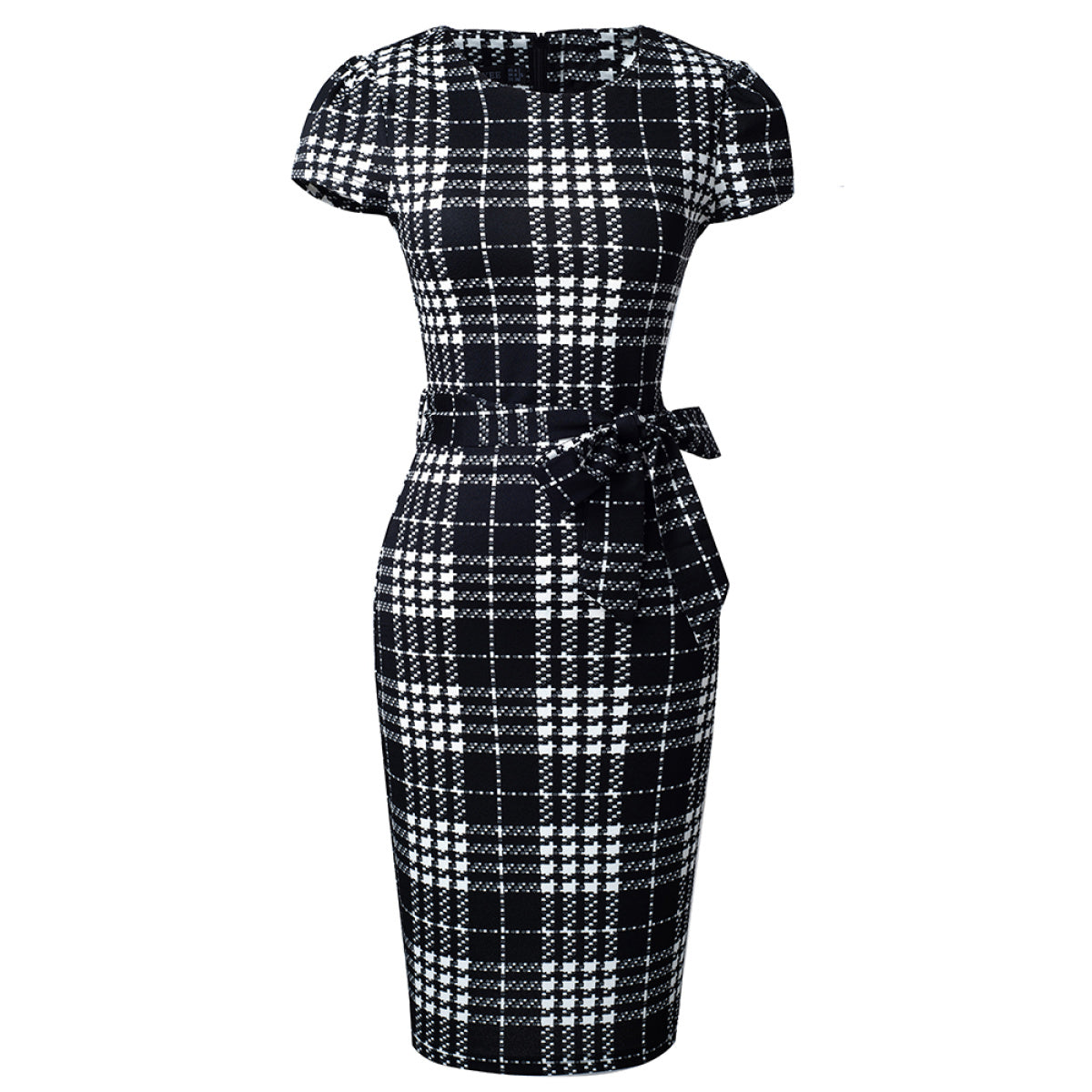 Round Neck Short Sleeve Plaid Tube Dress with Belt