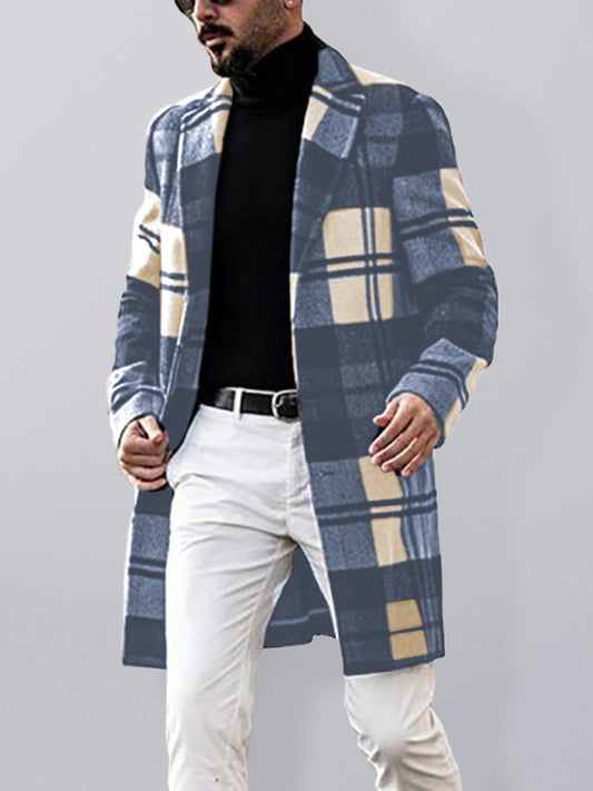 Men's Casual Fashion Plaid Coat Mid Length Coat