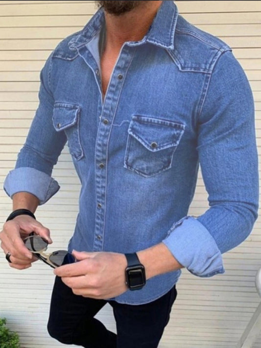 Men's solid slim fit long sleeve denim shirt