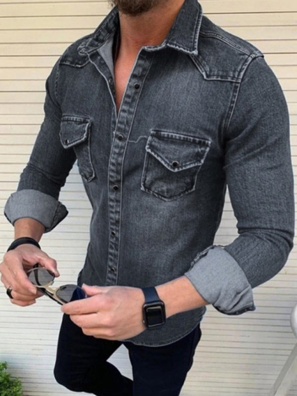 Men's solid slim fit long sleeve denim shirt