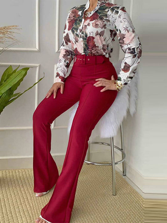 Women's Floral Print Button-front Long-sleeve Shirt With Belted Pants Set